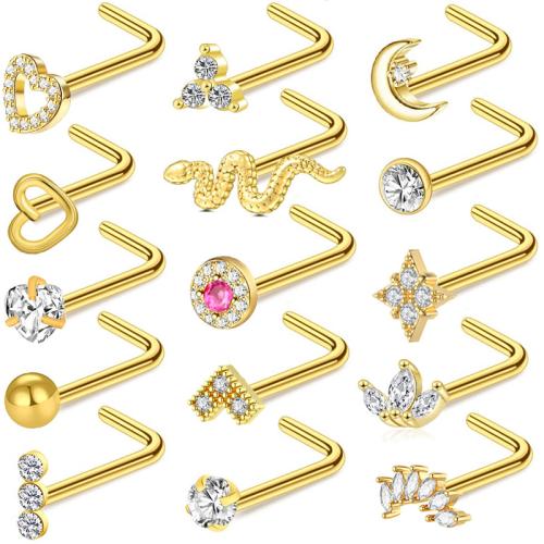 Acier inoxydable 304 Bijoux de Piercing de Nez, Placage de couleur d'or, unisexe & styles différents pour le choix & pavé de micro zircon Vendu par PC