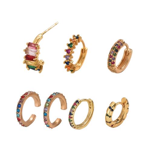 Boucles d'oreilles en laiton zircon cubique pavent, 7 pièces & pavé de micro zircon & pour femme, doré, Vendu par fixé