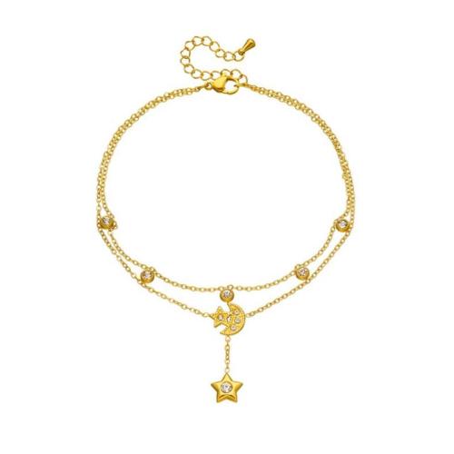 Edelstahl Fußkettchen Schmuck, 304 Edelstahl, plattiert, Doppelschicht & für Frau & mit Strass, goldfarben, verkauft von PC