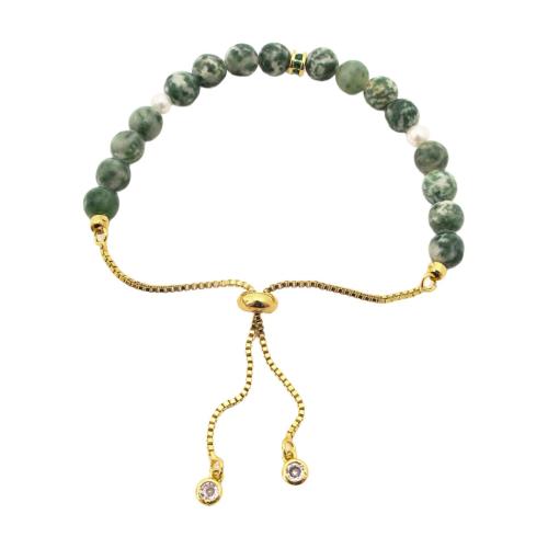 laiton bracelet, avec Pierre de tache vert & perle d'eau douce cultivée, bijoux de mode & unisexe & pavé de micro zircon, doré, Vendu par PC