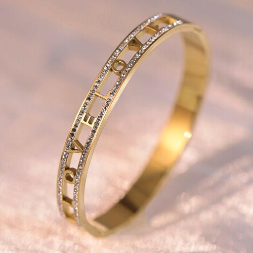 チタン鋼 ブレスレット, アルファベット文字, ゴールドメッキ, 女性用 & ライン石のある, 内径:約 60mm, 売り手 パソコン