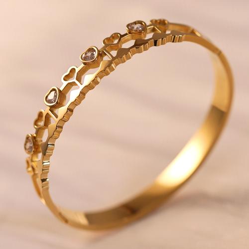 チタン鋼 ブレスレット, ハート形, ゴールドメッキ, 女性用 & ライン石のある & くり抜き, 内径:約 60mm, 売り手 パソコン