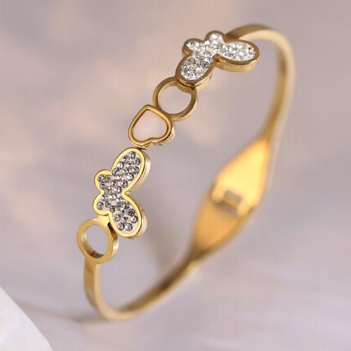 チタン鋼 ブレスレット, とともに 白い貝, 蝶, ゴールドメッキ, 女性用 & ライン石のある, 内径:約 売り手 パソコン