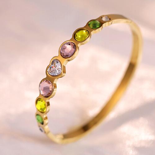 Titanium Steel Bangle, gold color plated, for woman & with rhinestone, Inner Approx 60mm 