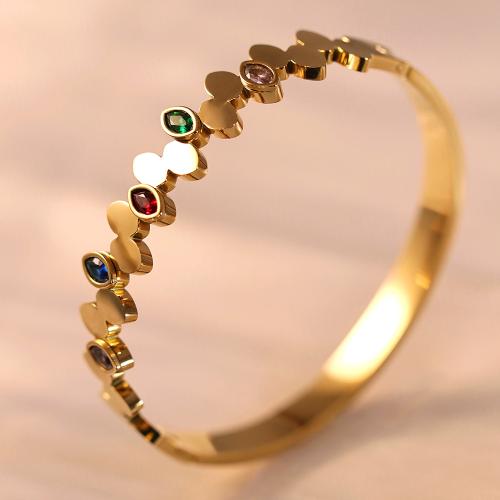 Titanium Steel Bangle, gold color plated, micro pave cubic zirconia & for woman, Inner Approx 60mm 