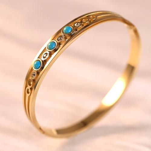 Titanium Steel Bangle, with Sapphire​, gold color plated, micro pave cubic zirconia & for woman, Inner Approx 60mm 