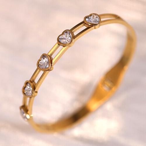 Titanium Steel Bangle, Heart, gold color plated, micro pave cubic zirconia & for woman, Inner Approx 60mm 