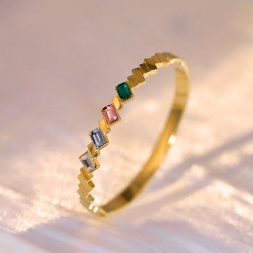 Titanium Steel Bangle, Geometrical Pattern, gold color plated, micro pave cubic zirconia & for woman, Inner Approx 60mm 