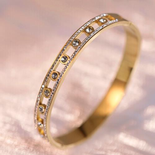 Titanium Steel Bangle, gold color plated, for woman & with rhinestone & hollow, Inner Approx 60mm 