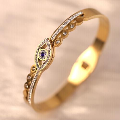 Titanium Steel Bangle, Eye, gold color plated, for woman & with rhinestone, Inner Approx 60mm 