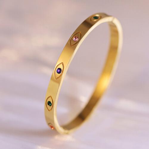 Titanium Steel Bangle, gold color plated, for woman & with rhinestone, Inner Approx 60mm 