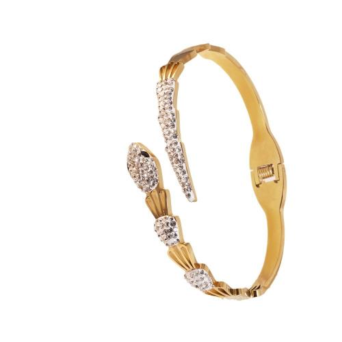 Titanium Steel Bangle, Snake, gold color plated, for woman & with rhinestone, Inner Approx 60mm 