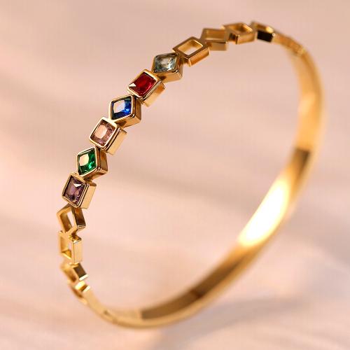 Titanium Steel Bangle, Geometrical Pattern, gold color plated, micro pave cubic zirconia & for woman, Inner Approx 60mm 