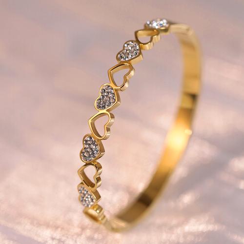 Titanium Steel Bangle, Heart, gold color plated, for woman & with rhinestone & hollow, Inner Approx 60mm 