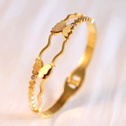 Titanium Steel Bangle, Butterfly, gold color plated, micro pave cubic zirconia & for woman, Inner Approx 60mm 