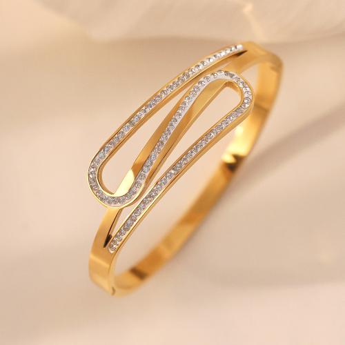 Titanium Steel Bangle, gold color plated, cubic zirconia clay pave & for woman, Inner Approx 60mm 