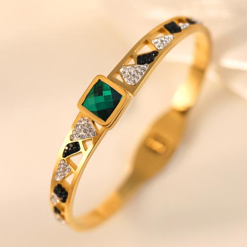 Titanium Steel Bangle, Geometrical Pattern, gold color plated, for woman & with rhinestone, Inner Approx 60mm 