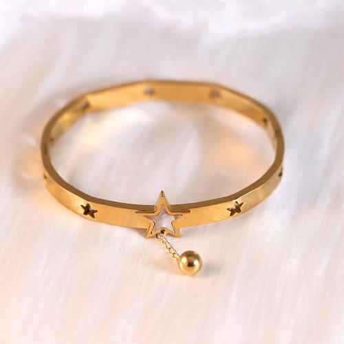 Titanium Steel Bangle, with White Shell, Star, gold color plated, for woman & hollow, Inner Approx 60mm 
