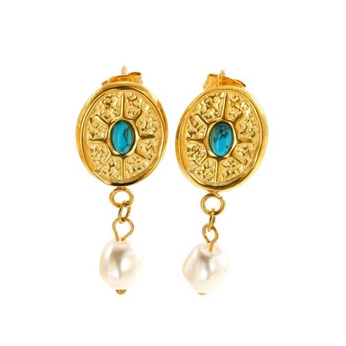 Boucle d'oreille goutte inox, Acier inoxydable 304, avec turquoise & perle de plastique, Plaqué or 18K, bijoux de mode & styles différents pour le choix & pour femme, Vendu par paire
