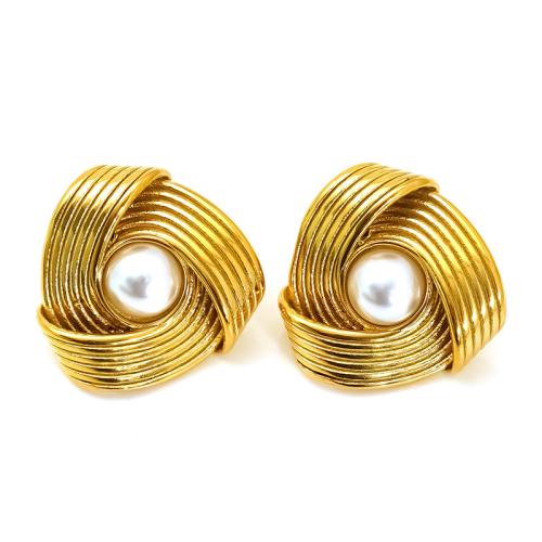 Boucle en acier inoxydable, Acier inoxydable 304, avec perle de plastique, Plaqué or 18K, bijoux de mode & styles différents pour le choix & pour femme, Vendu par paire