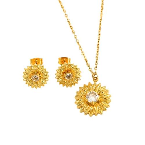 Cubic Zirconia Micro Pave Juegos de Joyería de Acero Inoxidable, acero inoxidable 304, Pendiente de stud & collar, Girasol, 18K chapado en oro, 2 piezas & micro arcilla de zirconia cúbica & para mujer, Vendido por UD