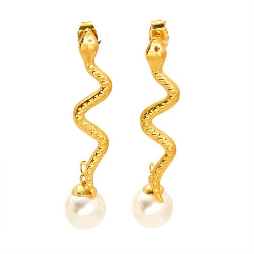 Boucle en acier inoxydable, Acier inoxydable 304, avec perle de plastique, serpent, Plaqué or 18K, bijoux de mode & styles différents pour le choix & pour femme, Vendu par paire
