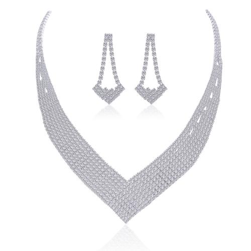 laiton parure de bijoux, 2 pièces & bijoux de mode & pour femme & avec strass, argent, Vendu par fixé