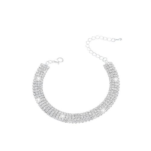 Brass Anklet, fashion jewelry & for woman & with rhinestone, silver color 