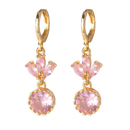 Brass Drop Earring, with Cubic Zirconia, fashion jewelry & for woman, pink 
