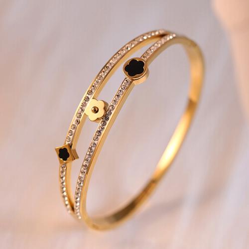Titanium Steel Bangle, gold color plated, for woman & with rhinestone & hollow, Inner Approx 60mm 