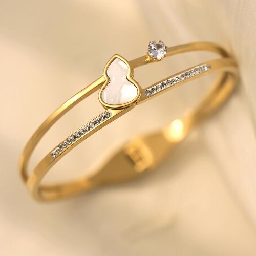 Titanium Steel Bangle, with White Shell, Calabash, gold color plated, for woman & with rhinestone, Inner Approx 60mm 