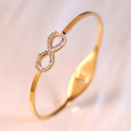 Titanium Steel Bangle, Infinity, gold color plated, micro pave cubic zirconia & for woman, Inner Approx 60mm 