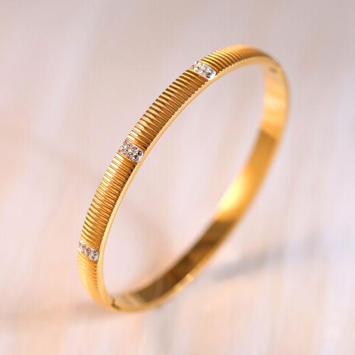 Titanium Steel Bangle, gold color plated, for woman & with rhinestone, Inner Approx 60mm 