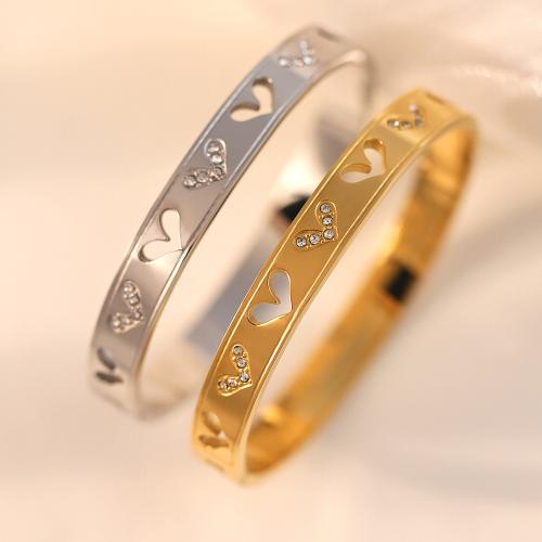 Titanium Steel Bangle, Heart, Vacuum Ion Plating, for woman & with rhinestone & hollow Inner Approx 60mm 