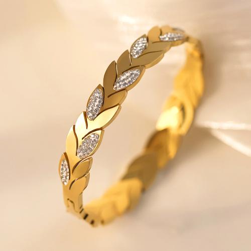Titanium Steel Bangle, Leaf, gold color plated, for woman & with rhinestone, Inner Approx 60mm 
