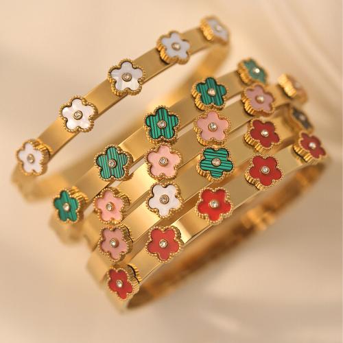Titanium Steel Bangle, with Shell, Flower, gold color plated, for woman & with rhinestone Inner Approx 60mm 