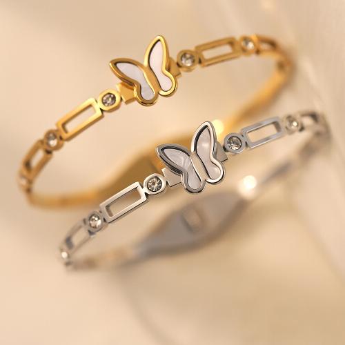 Titanium Steel Bangle, with White Shell, Butterfly, Vacuum Ion Plating, for woman & with rhinestone & hollow Inner Approx 60mm 