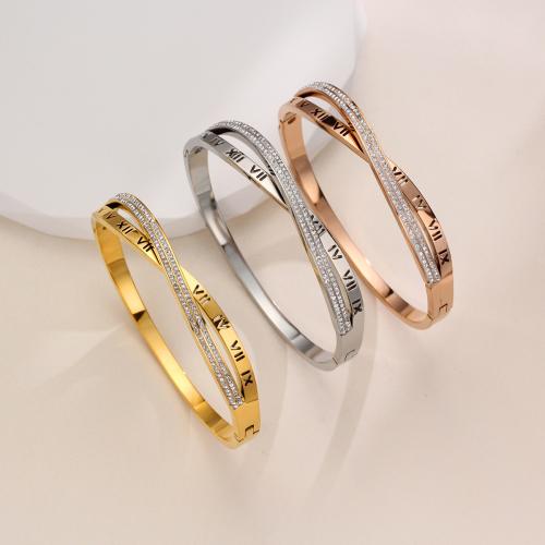 Titanium Steel Bangle, Vacuum Ion Plating, with roman number & for woman & with rhinestone Inner Approx 60mm 