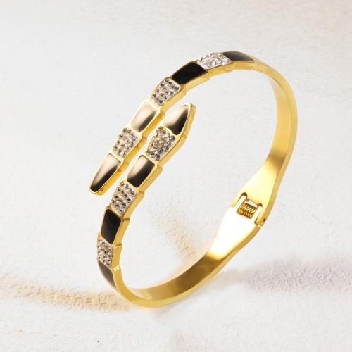 Titanium Steel Bangle, Snake, gold color plated, for woman & enamel & with rhinestone, Inner Approx 60mm 