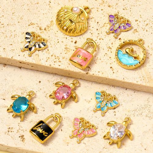 Pendentifs en acier inoxydable strass, Acier inoxydable 304, avec perle de plastique, Placage de couleur d'or, DIY & pavé de micro zircon & émail & avec strass, plus de couleurs à choisir Vendu par sac