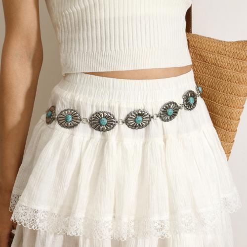 aleación de zinc cadena de cintura, con turquesa & fundición, chapado, Vintage & para mujer, plateado, longitud:aproximado 110 cm, Vendido por UD[