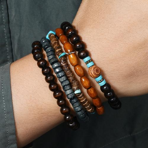 bois Set de bracelet, avec turquoise & noix de coco, fait à la main, 5 pièces & élastique & unisexe, Diamètre inté Environ 58mm, Vendu par fixé
