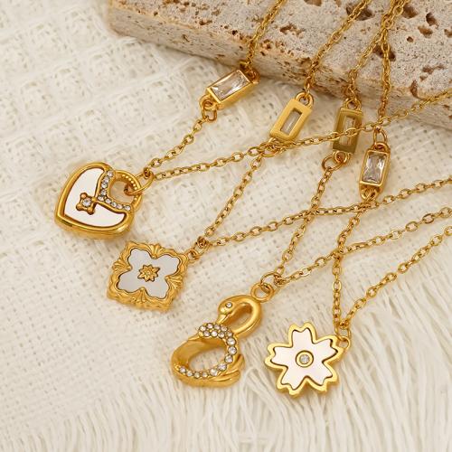 Ожерелье Цирконий нержавеющей стали, Нержавеющая сталь 304, с Белая ракушка, 18K позолоченный, разные стили для выбора & инкрустированное микро кубического циркония & Женский, продается PC