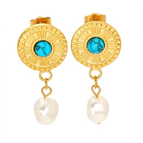 Boucle d'oreille goutte inox, Acier inoxydable 304, avec turquoise & perle de plastique, Plaqué or 18K, bijoux de mode & styles différents pour le choix & pour femme, Vendu par paire