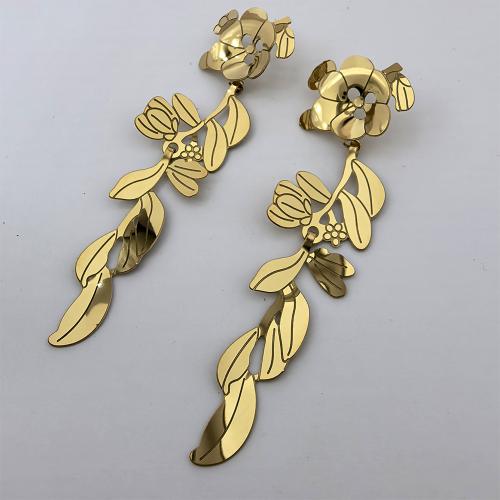 Boucle d'oreille goutte inox, Acier inoxydable 304, fleur, Plaqué d'or 18K, bijoux de mode & pour femme & creux, Vendu par paire