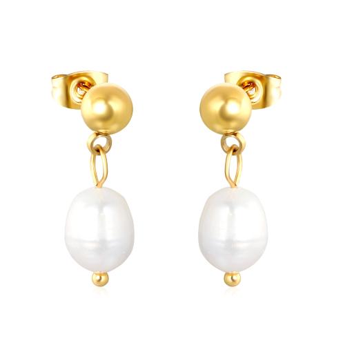 Boucle d'oreille de perle de goutte d'eau douce, Acier inoxydable 304, avec perle d'eau douce cultivée, Placage, bijoux de mode & pour femme, doré, Vendu par paire