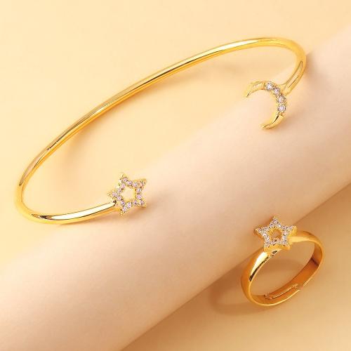 Alliage de cuivre parure de bijoux, bracelet de manchette & bague, anneau, Placage de couleur d'or, bijoux de mode & pour femme & avec strass, Vendu par fixé