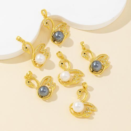 Natural Freshwater Shell Pendants, Brass, with Shell Pearl, Swan, plated, DIY & with rhinestone 