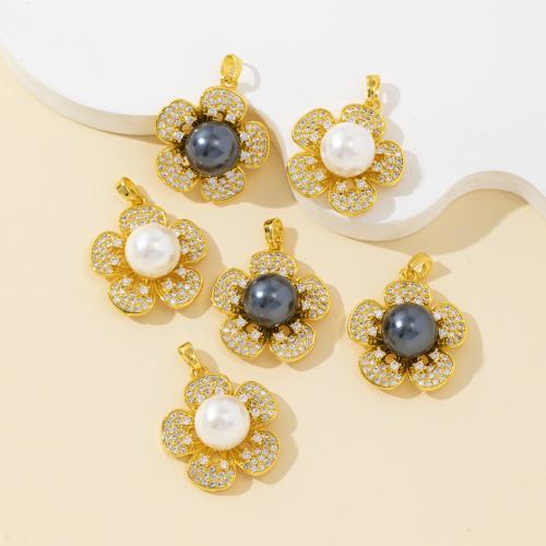 Messing Anhänger, mit Muschelkern, Blume, plattiert, DIY & mit Strass, keine, verkauft von PC