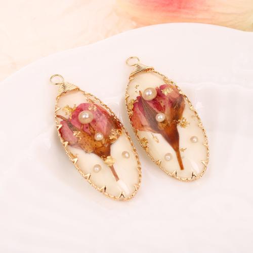 Zinc Alloy Pendant, with Dried Flower & Plastic Pearl, Ellipse, plated, DIY & epoxy gel, mixed colors 